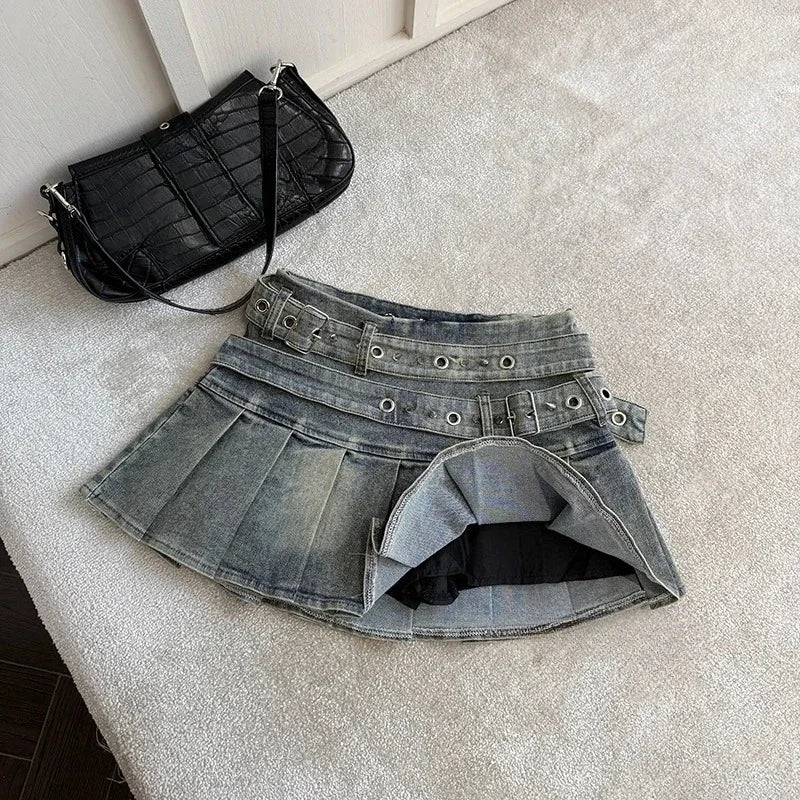 StreetBelt™ – Riveted Mini Skirt (Blue Black High Street Y2K)