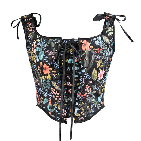 Retro floral lace-up corset cropped camisole, perfect for summer party style, featuring vibrant botanical design.