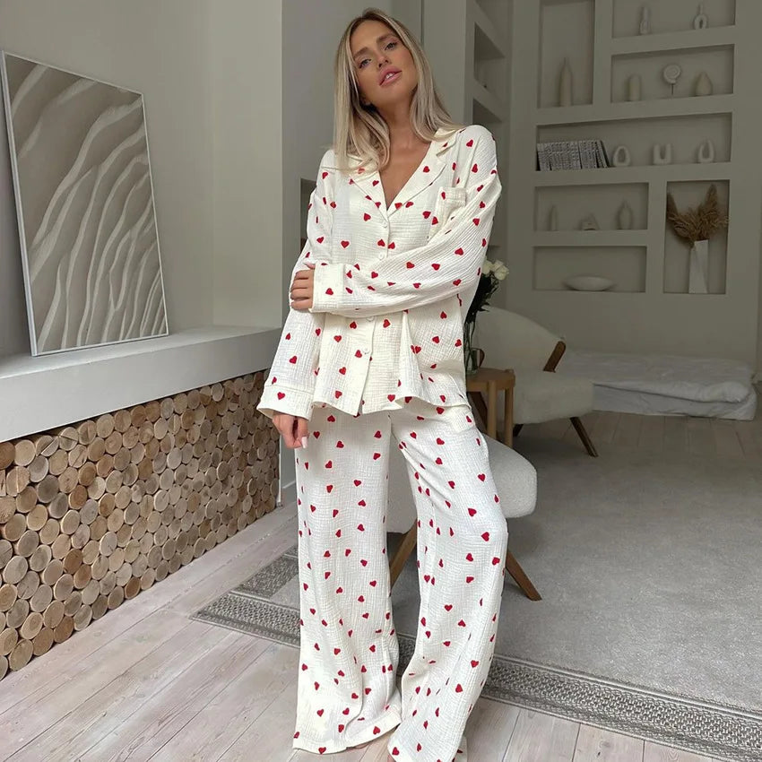 Women Cotton Pajama Set with Hearts