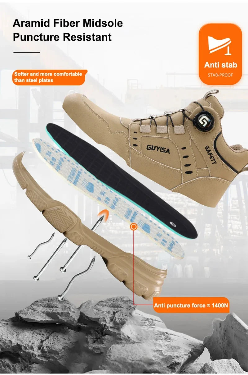 Men Rotating Button Steel Toe Safety Work Shoes