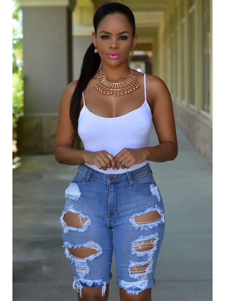 CutOutChic™ – Knee-Length Ripped Shorts (Sexy Nightclub Denim)