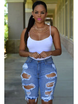 CutOutChic™ – Knee-Length Ripped Shorts (Sexy Nightclub Denim)