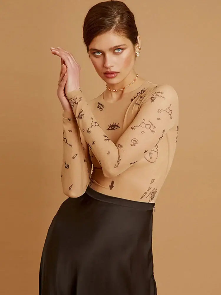Women Slim Long Sleeve Print Bodysuit