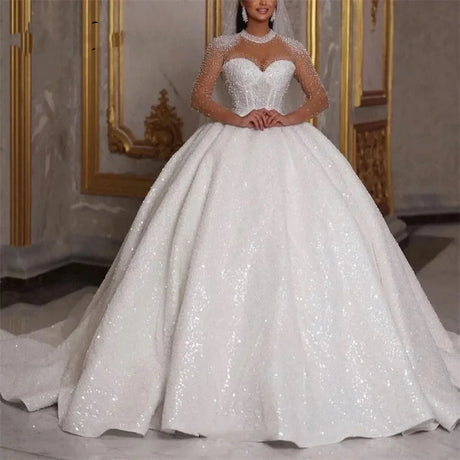 Sparkle African wedding ball gown with glitter beads, lace-up back, and floor-length design in white.