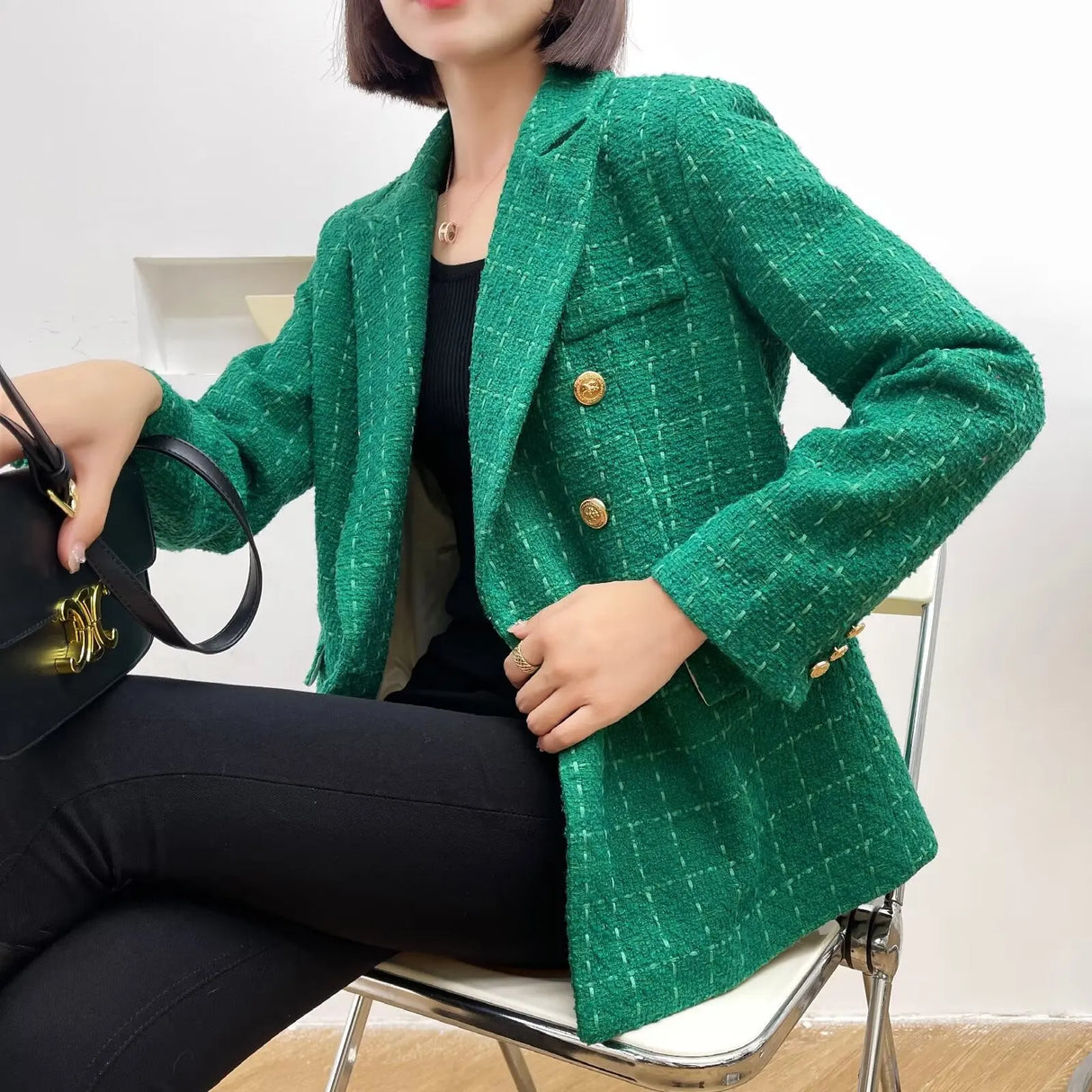 Plaidure™ – Double-Breasted Blazer (Vintage Long Sleeve with Smart Pocket Style)