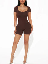 Women Solid Short Sleeve U Neck Jumpsuit