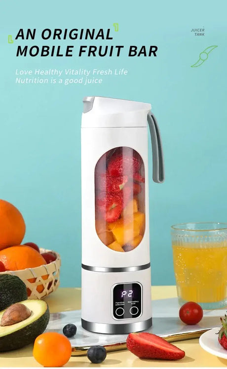 Portable fruit juicer with fresh fruits, perfect for healthy drinks on-the-go. Capacity: 450ml, automatic pulp ejection feature.