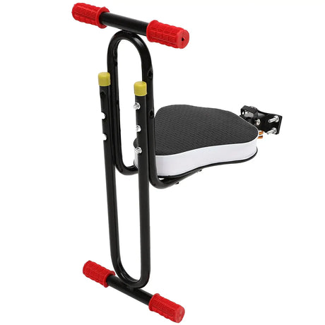 Kids electric seat saddle for bicycles, black and red design with backrest, suitable for children ages 12+, promotes safety and comfort.