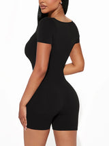 Women Solid Short Sleeve U Neck Jumpsuit