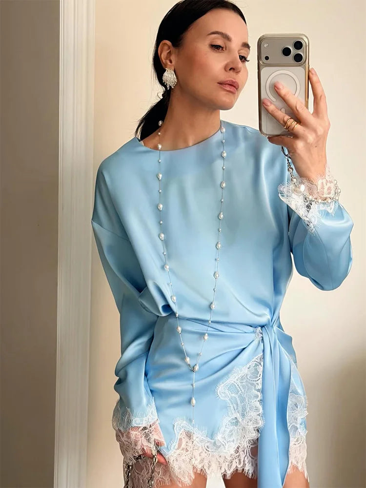 Elegant Satin Lace Midi Dress