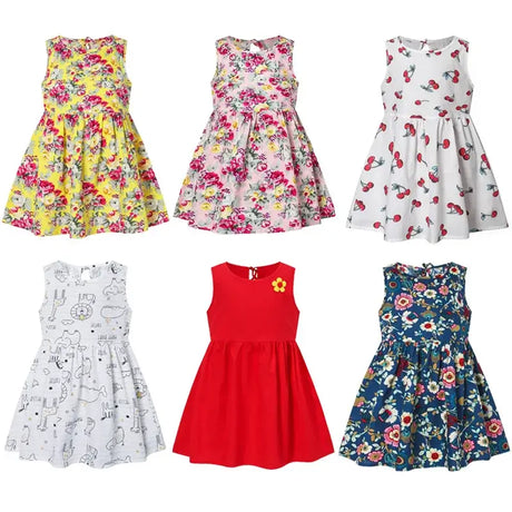 Collection of colorful girl vest dresses for spring summer, featuring floral and cartoon patterns, perfect for ages 4-6 years.