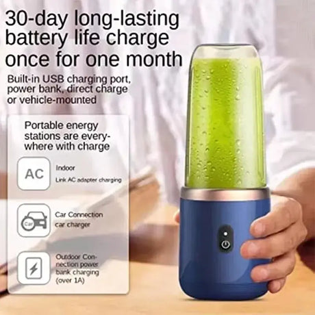 Image of a portable juicer blender showcasing its long-lasting battery life and USB charging features.