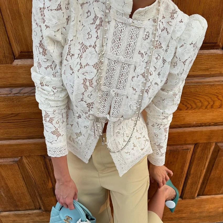 Lace Bloom Embroidered Puff Sleeve Blouse