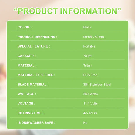 Product information for Electric Portable Juicer, detailing color, capacity, dimensions, material, and features.