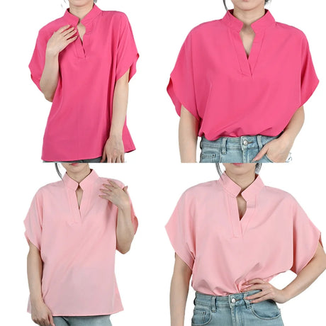 FlareFemme™ V-Neck summer blouse in pink shades, featuring short flare sleeves and a loose elegant fit for women.