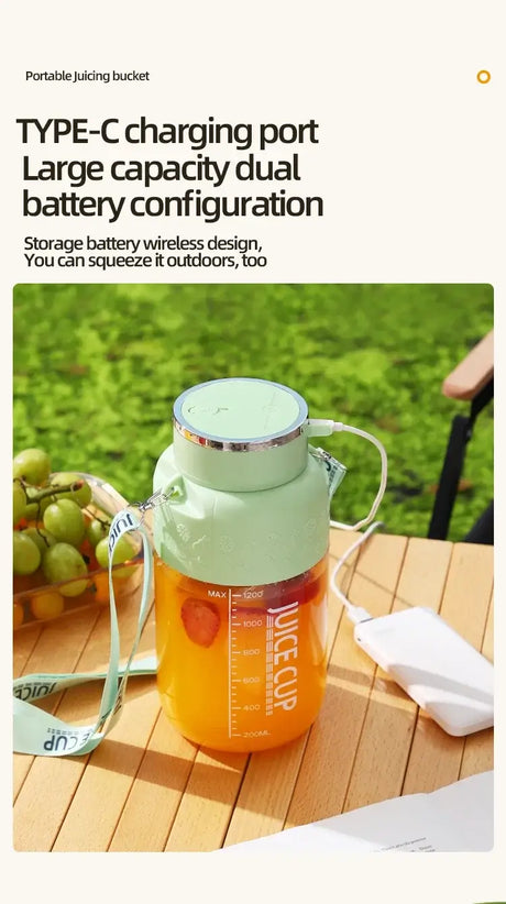 Wireless portable juicing bucket with Type-C charging port and large capacity battery, perfect for outdoor use.