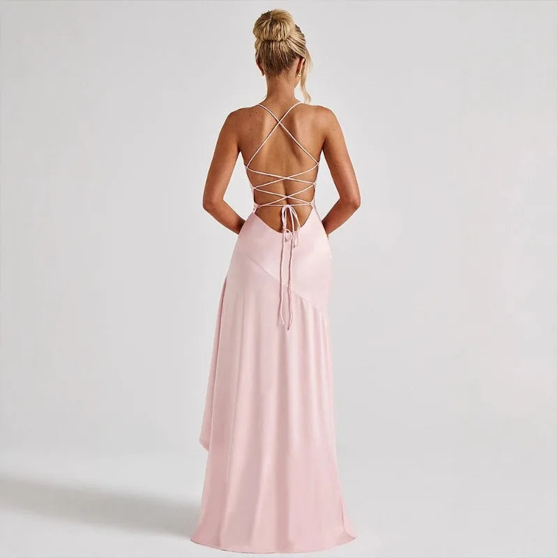 Women's Satin Lace-Up Maxi Dress