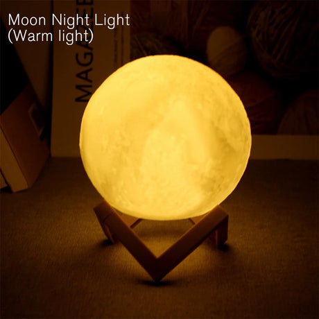 Warm light moon night light with wooden stand, perfect for home decor and gifts.