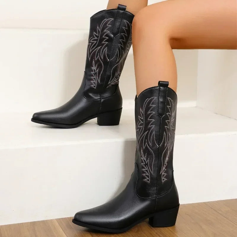Women Mid Calf Boots Pointed Toe Fur Heels