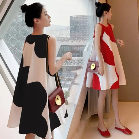 Loose sleeveless maternity dress in red and black, ideal for summer wear, showcasing a stylish A-line silhouette.