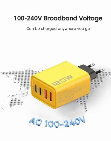 120W USB Type C fast charger with 100-240V voltage, featuring multiple ports for versatile device charging.