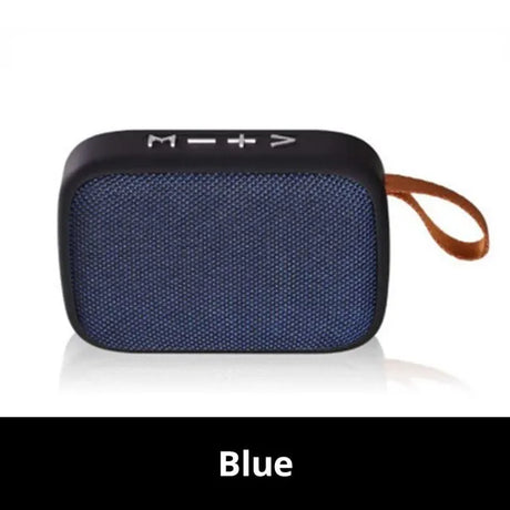 Portable Outdoor Bluetooth 5.0 Mini Speaker in blue color with buttons and a strap for easy carrying.
