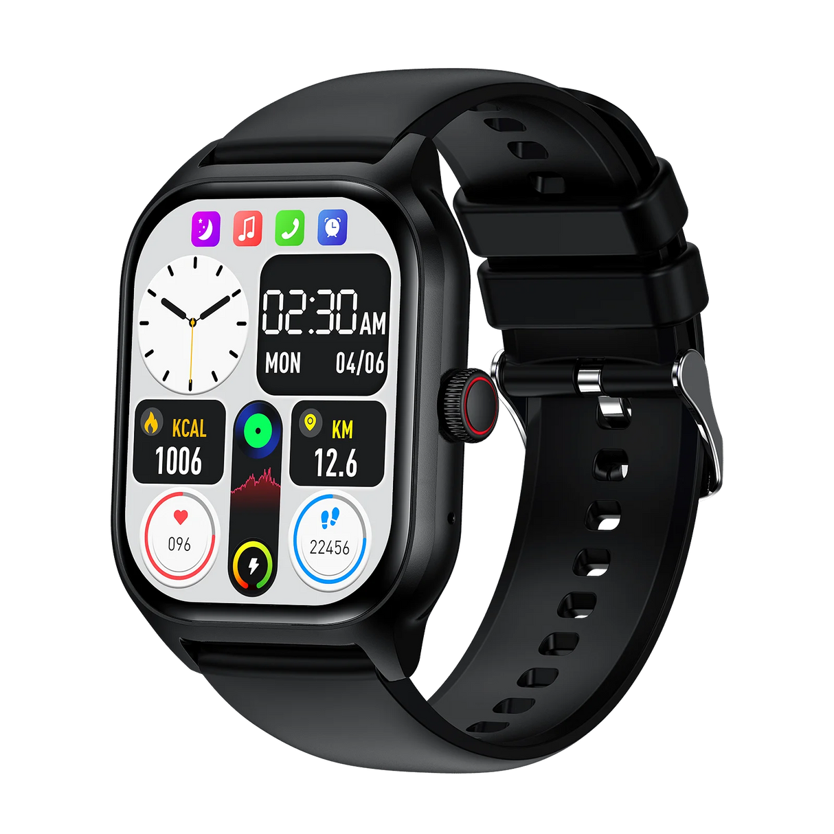 LEMFO LT10 Smart Watch 2024 display showing time and fitness metrics, featuring a sleek black design and Bluetooth capabilities.