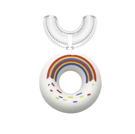 Rainbow silicone toothbrush for babies, ideal for training and promoting dental hygiene in young children.
