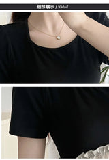 Close-up of short sleeve black maternity dress showcasing neckline and sleeve details, perfect for summer casual wear.