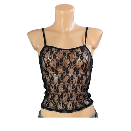 LaceMuse™ vintage fairycore spaghetti strap top in sheer black lace, backless and perfect for summer styles.