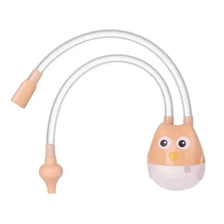 Baby nose cleaner sucker tool in owl design with two flexible tubes, suitable for babies ages 0-1 year, made of safe silicone.