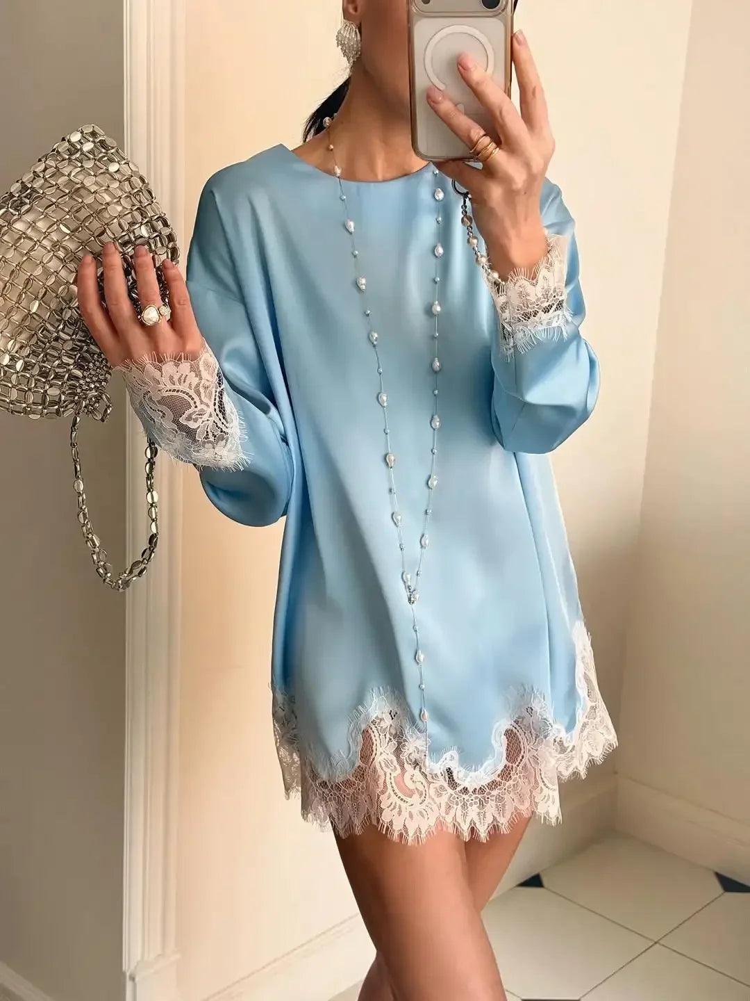 Elegant Satin Lace Midi Dress