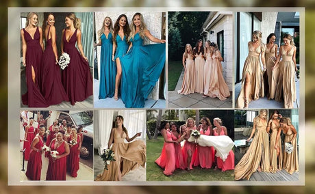 Collage of bridesmaids in V-neck evening dresses in various colors, showcasing different styles and joyful moments.