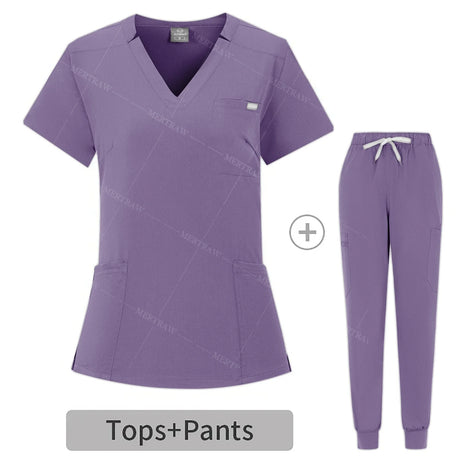 Purple summer breathable coveralls set for women, includes top and pants, ideal for healthcare settings.