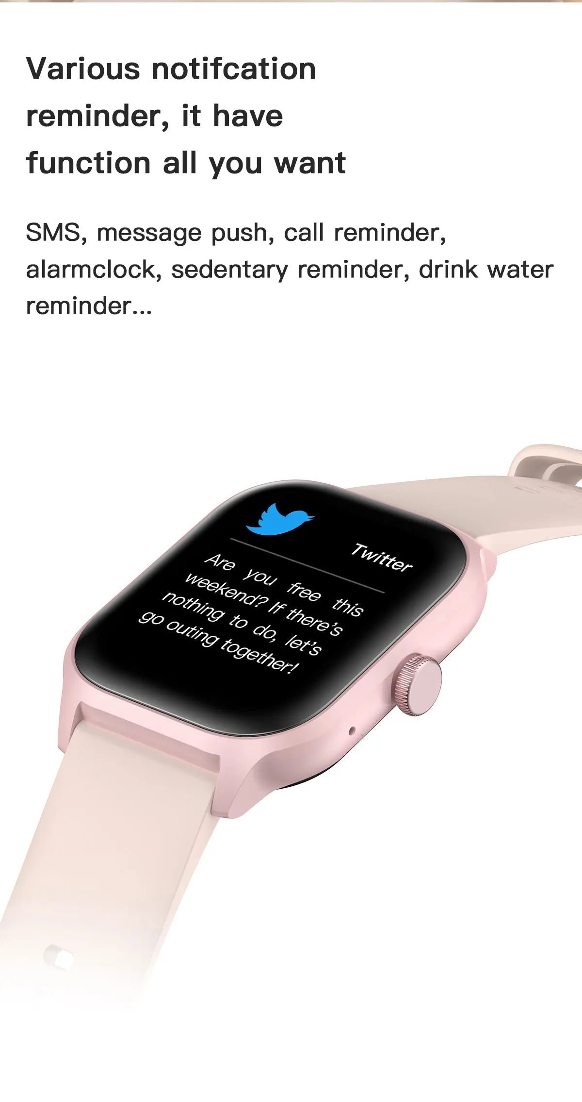 LEMFO LT10 Smart Watch showing notification features like SMS, call reminders, and hydration alerts.