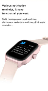 LEMFO LT10 Smart Watch showing notification features like SMS, call reminders, and hydration alerts.