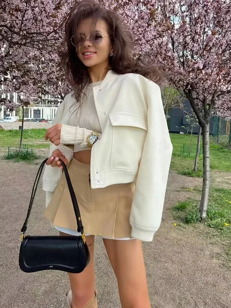 White Cropped Women's Bomber Jacket – Baseball Aviator Coat