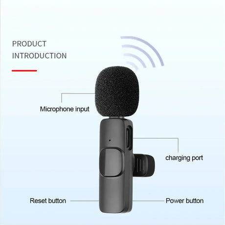 Wireless lavalier microphone features microphone input, charging port, and power button for streaming and social media.