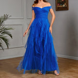 Luxury blue off-the-shoulder gown with layered tulle skirt, perfect for formal occasions.