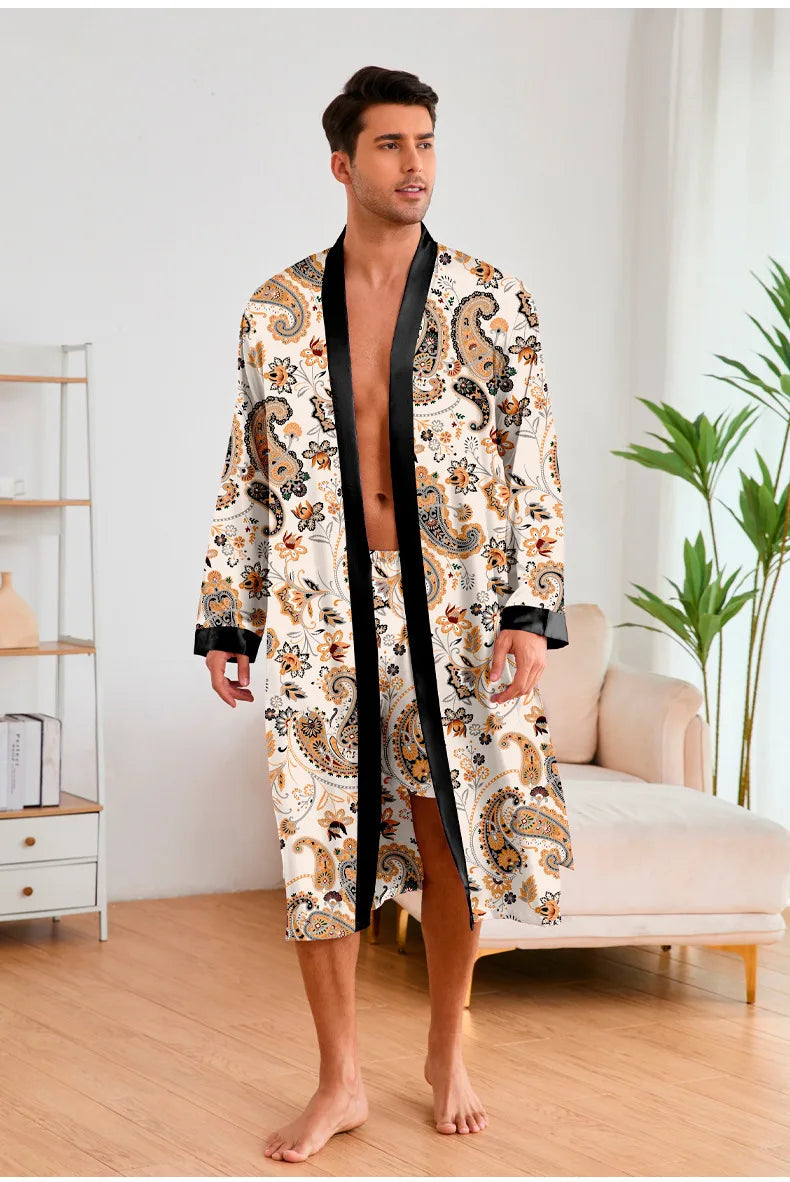 Men’s Leopard Satin Bathrobe Set
