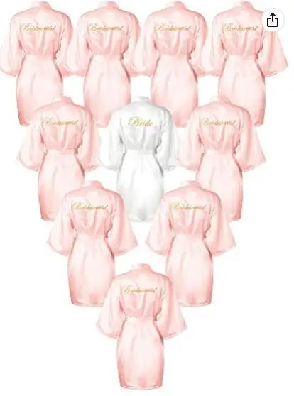 Plus size satin bride robe collection in rose gold and white, featuring 'Bridesmaid' and 'Bride' designs.