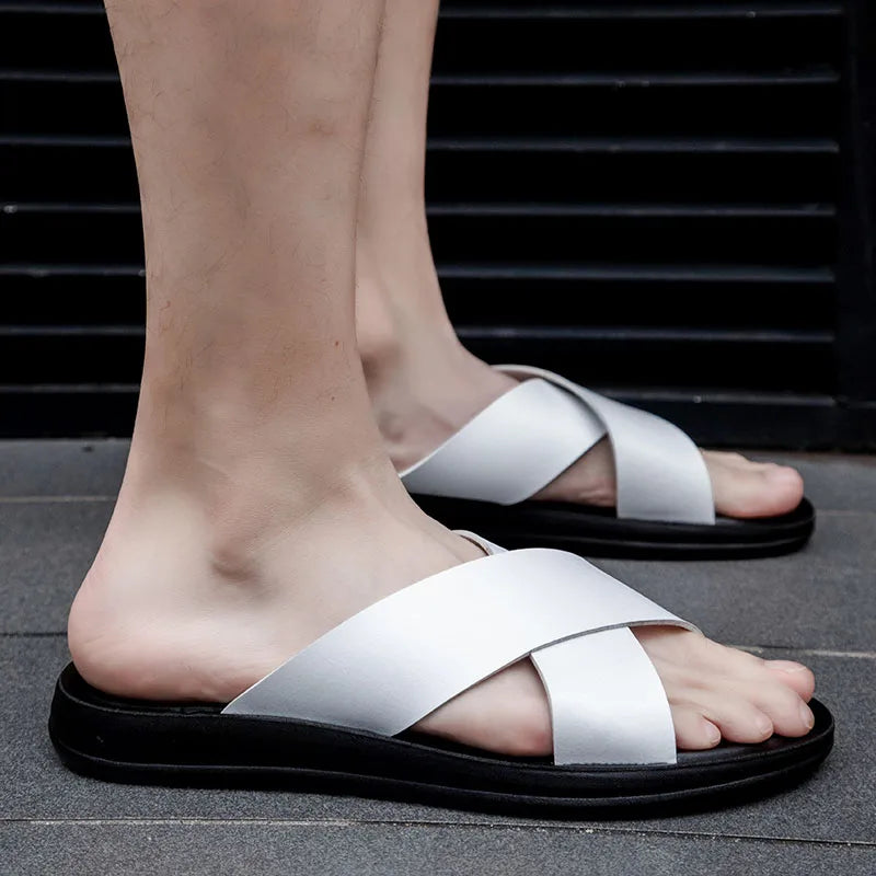 Men Italian PU Leather Slip-On Slippers
