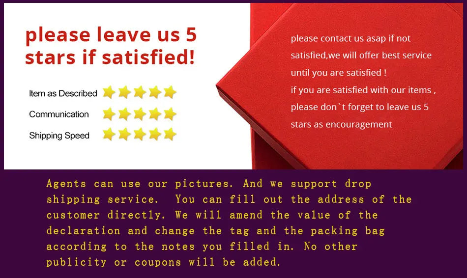 Customer feedback request with 5-star rating emphasis, red background promoting satisfaction for services.