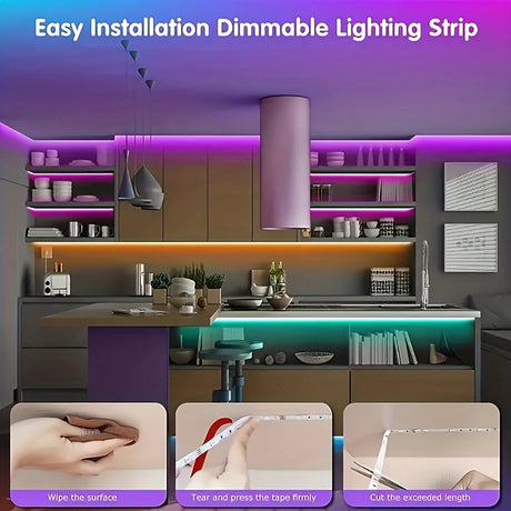 Dimmable RGB LED strip lights in a modern kitchen, showcasing easy installation steps and vibrant colors.