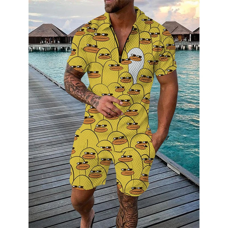 Men's 3D Print Polo & Shorts Set