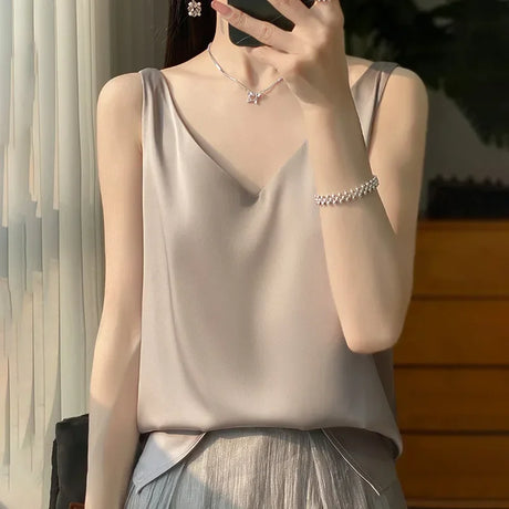SilkVibe™ Ice Silk V-Neck Camisole in grey, perfect for summer comfort and stylish office wear.
