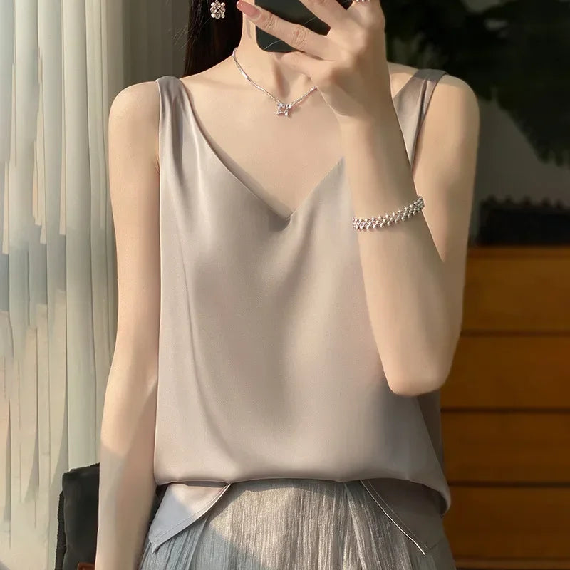 Ice Silk Satin V‑Neck Camisole Crop Top