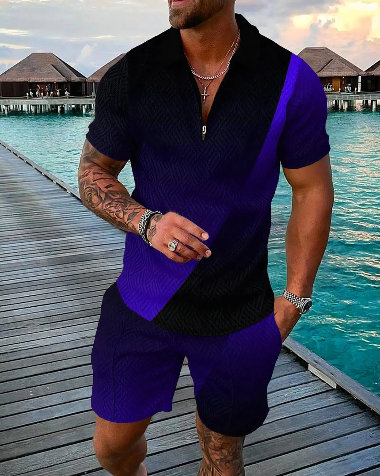 Men 3D Print Polo Shorts Set