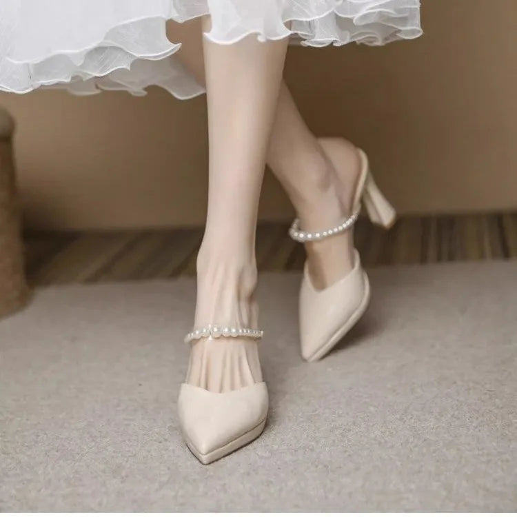 Women’s Slippers Beige Pointed Toe Heeled Slides