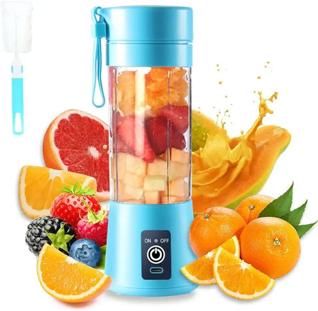 380ml mini electric juicer in blue surrounded by fresh fruits, showcasing portability and USB rechargeable design.